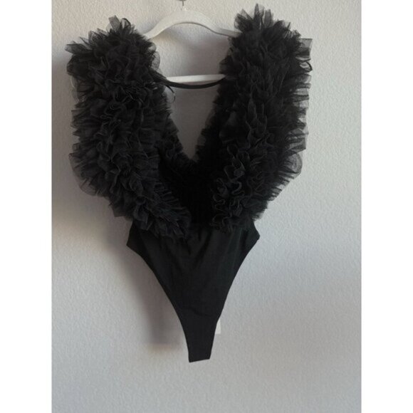Klesis Women's Small Tulle Ruffled Black Deep-V Organza Bodysuit Sheer NEW - Picture 12 of 16